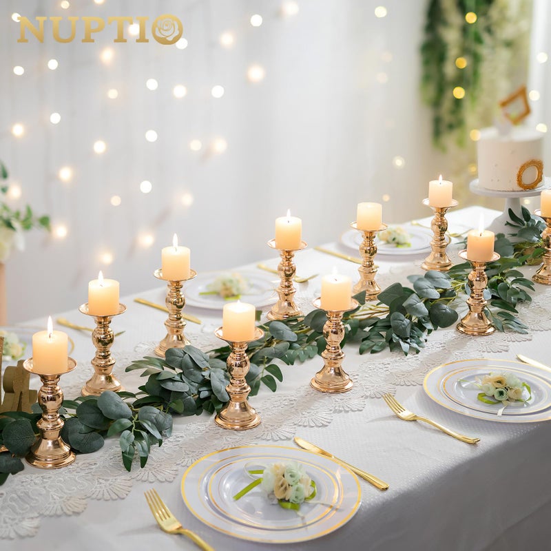 NUPTIO Set of 10 Gold Metal Pillar Candle Holders, Wedding Centerpieces Candlestick Holders for 2 inches Candles Stand Decoration Ideal for Weddings, Special Events, Parties - Image 2